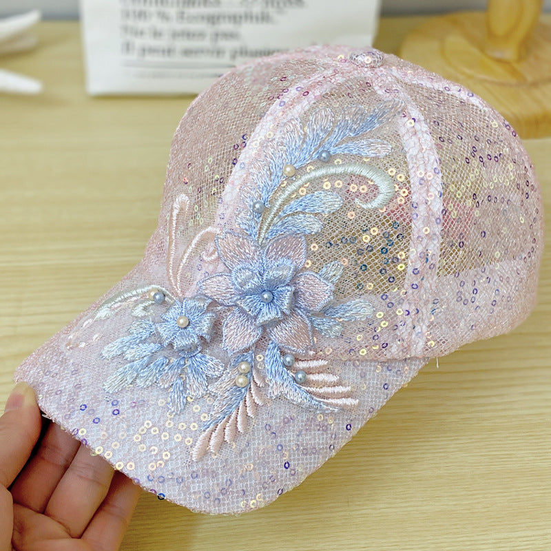 Casquette de baseball pour femmes Mesh Sequin avec décoration florale tridimensionnelle exquise