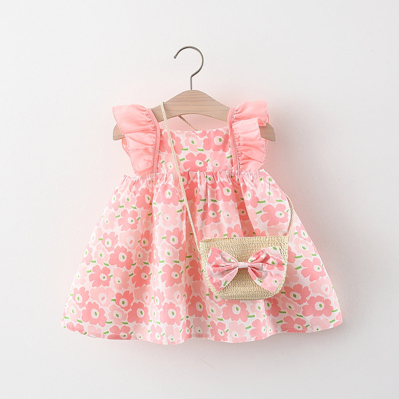 Bébé fille Flounced Sleeve Robe Gratuit Bamboo Panier Satchel