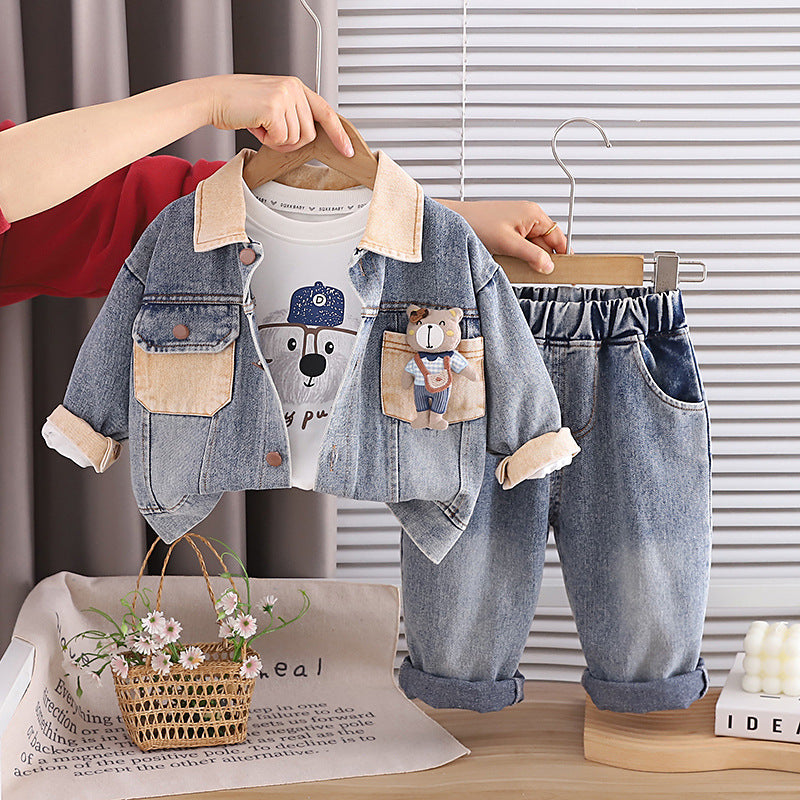 Ensemble de trois pièces en denim élégant à manches longues pour garçon