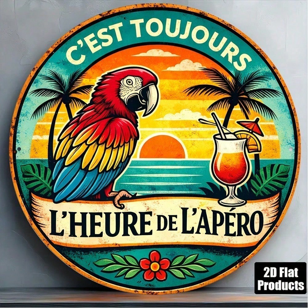 8x8in Vintage Parrot Cocktail Round Signe Happy Hour Bar Decor