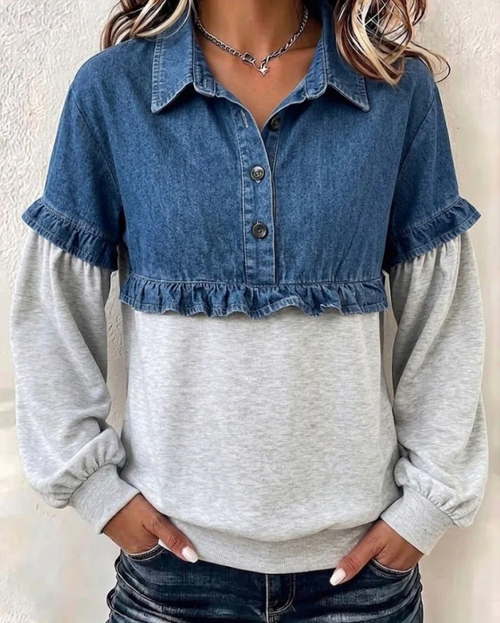 T-shirt denim-panel mode pour femmes