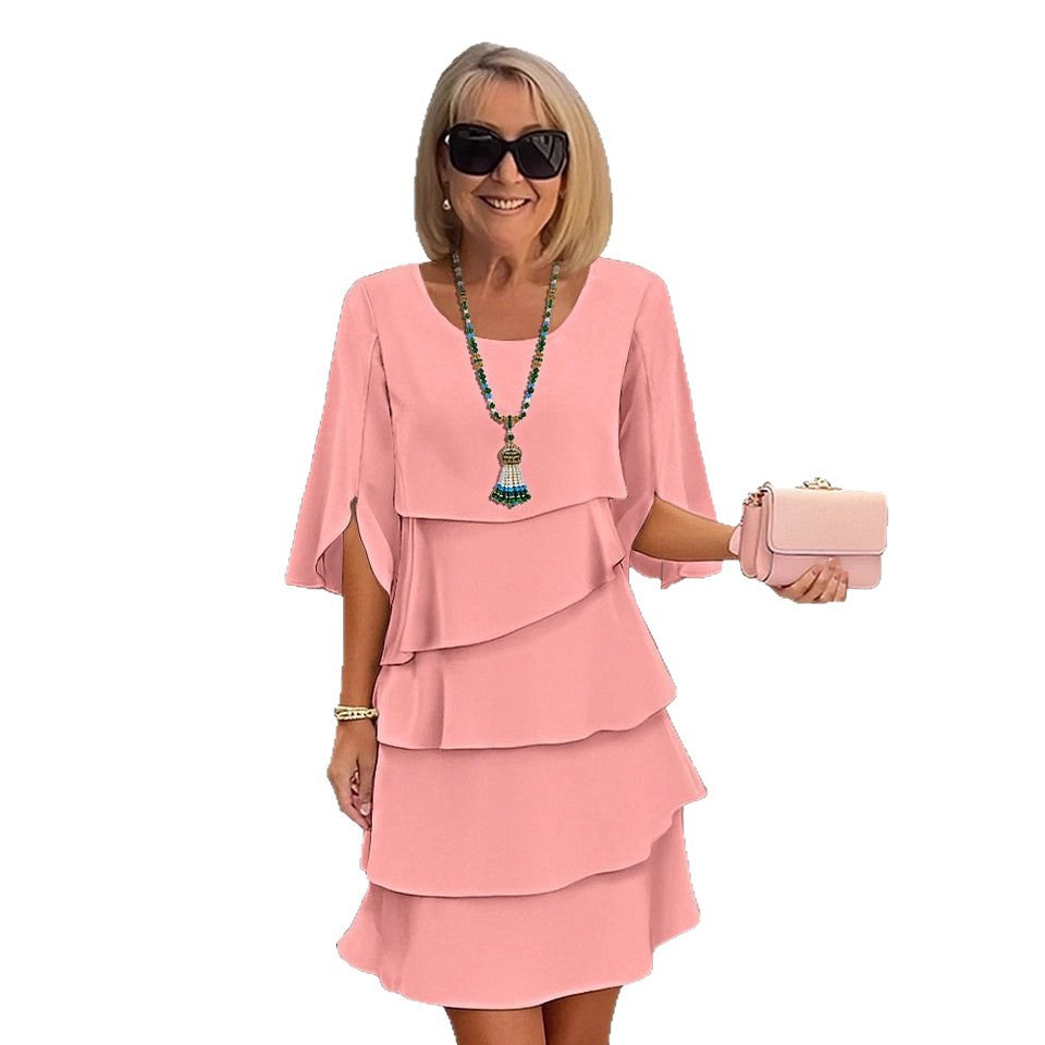 Printemps Été Mode Solide Couleur Col rond Robe éclaboussée à plusieurs niveaux pour les femmes