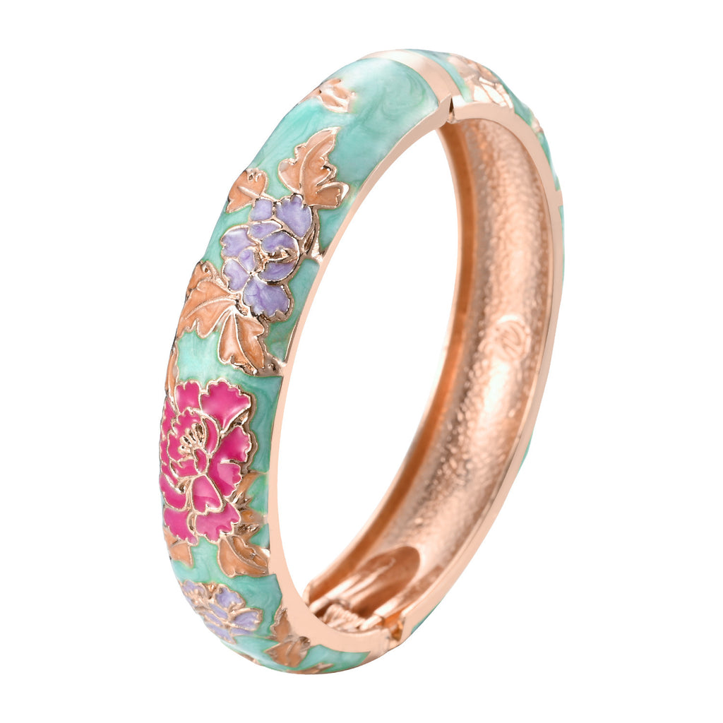 Dai Li Style Ethnique Green Series Bracelet Fleur Style Chinois Bracelet Peony Enamel Drop