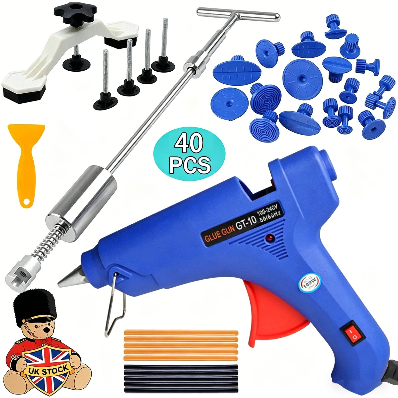 40pcs voiture Peintless Dent Kit de suppression Slide Hammer réparation PDR Glue Gun Puller UK