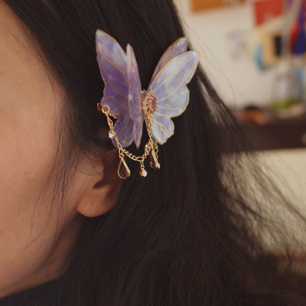Retro Tassel-décorated Laser-Effect Purple Butterfly Hair Clip