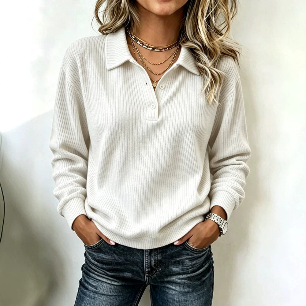 Femmes Lapel à rayures verticales demi-bouton tricoté manches longues Top
