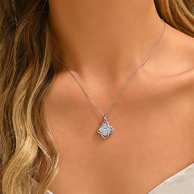 S925 Argent Sterling 4pcs 5mm rond Moissanite collier de trèfle 45cm plaqué or platine G