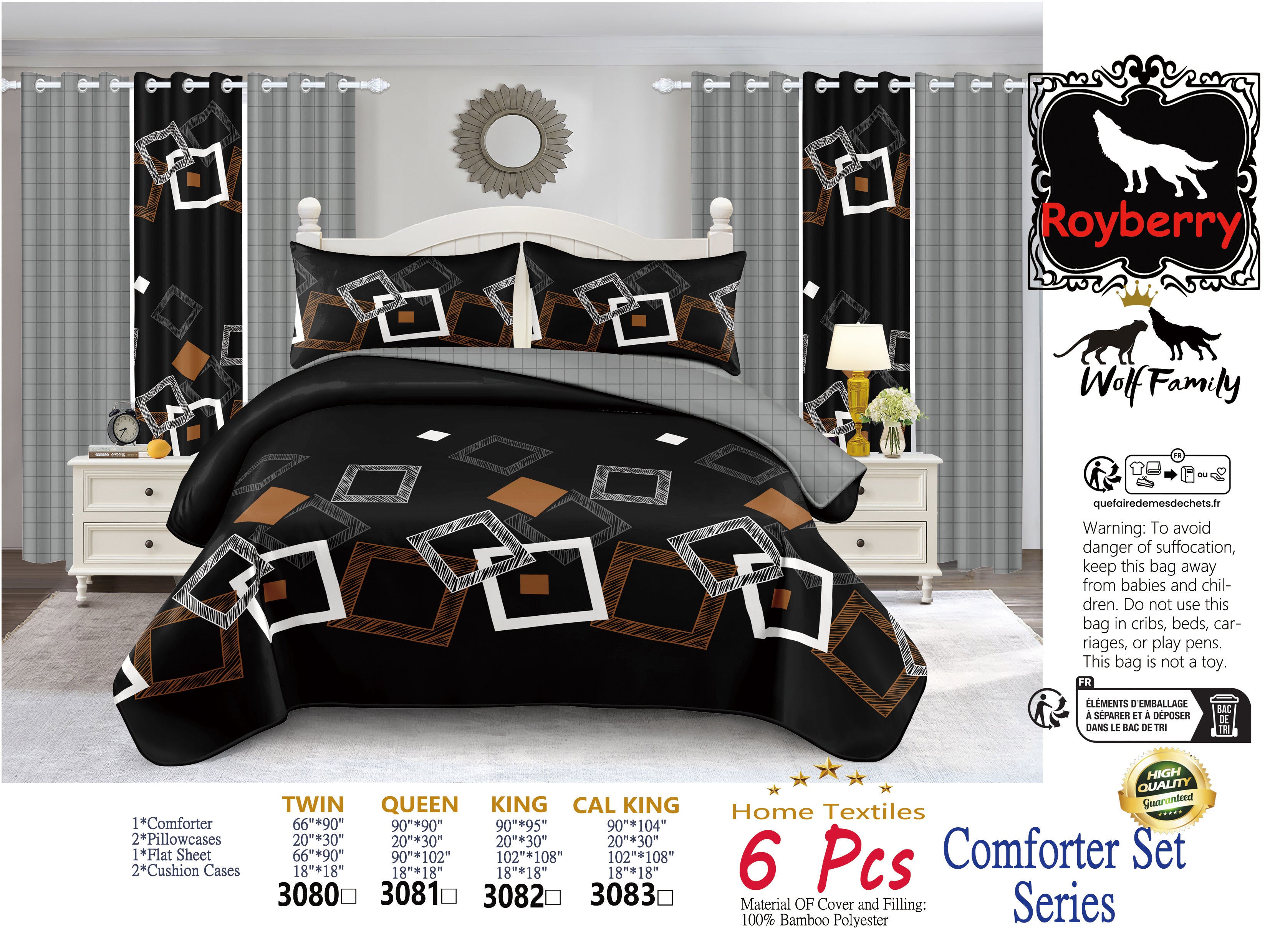 Ensemble de literie de consolateur géométrique noir 6 pièces pour roi et roi de Californie
