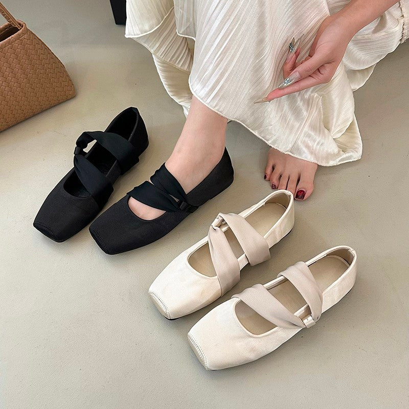 Femmes Élégante Strap Française Croix Satin Ballet Chaussures PlatMatching Daily