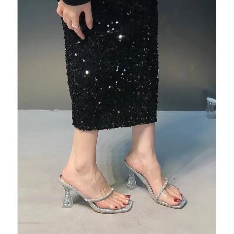 Style Fée Élégant Été Haut Talons Square Toe Strass Diapositive Sandales Ouvert Toe Versati