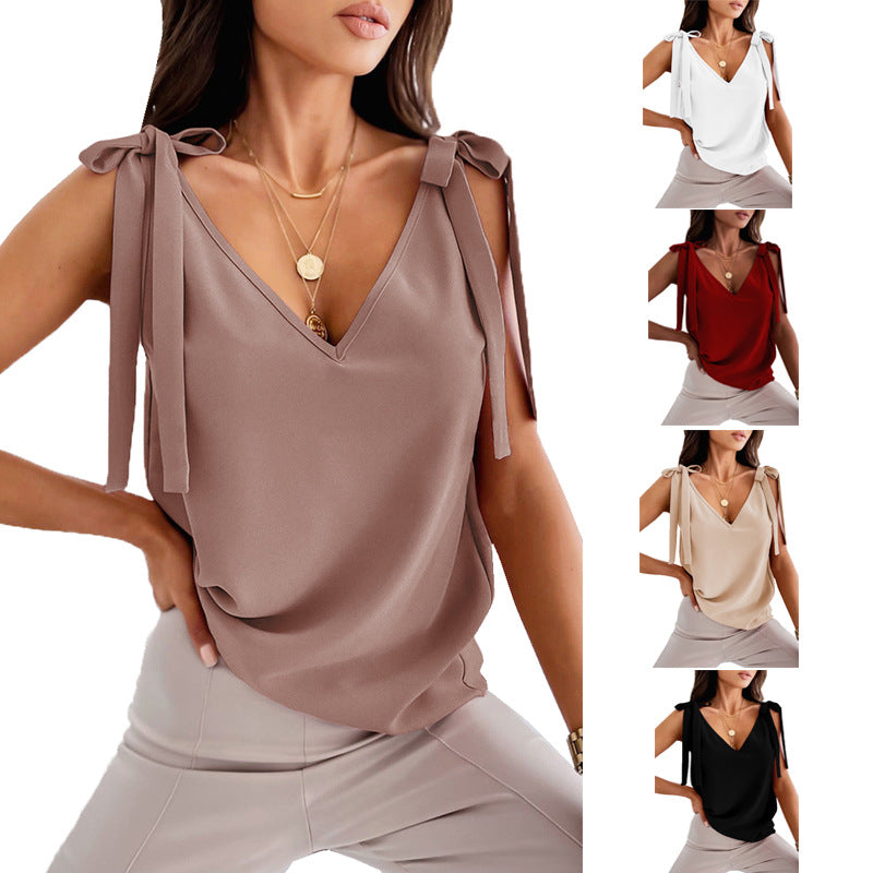 Bowknot Tie Up Camisole Col V chemises Femmes Été sans manches Tank Tops