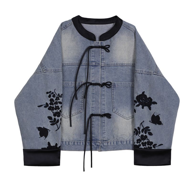Veste denim de style chinois pour les femmes Printemps et Automne porter
