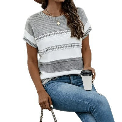 Casual été couleur bloc rayé manches courtes tricot Top
