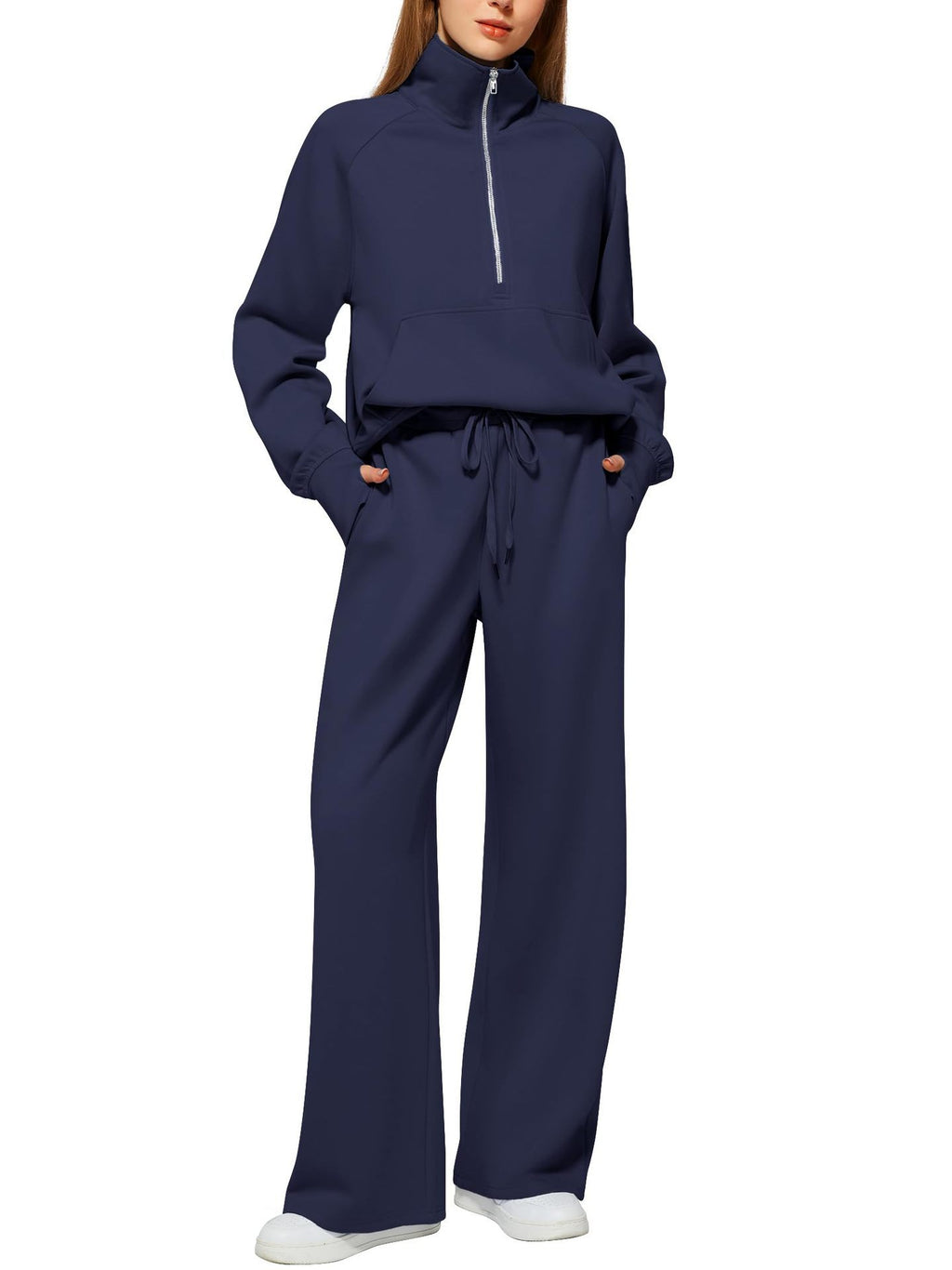 European and American Amazon Women's Two Piece Set Sweatshirt surdimensionné demi-zip Wide-Leg