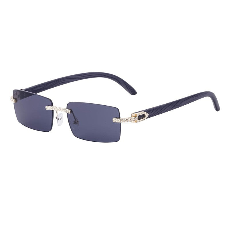 Lunettes de soleil homme sans cadre rétro avec bras de temple en bois incrusté de diamant