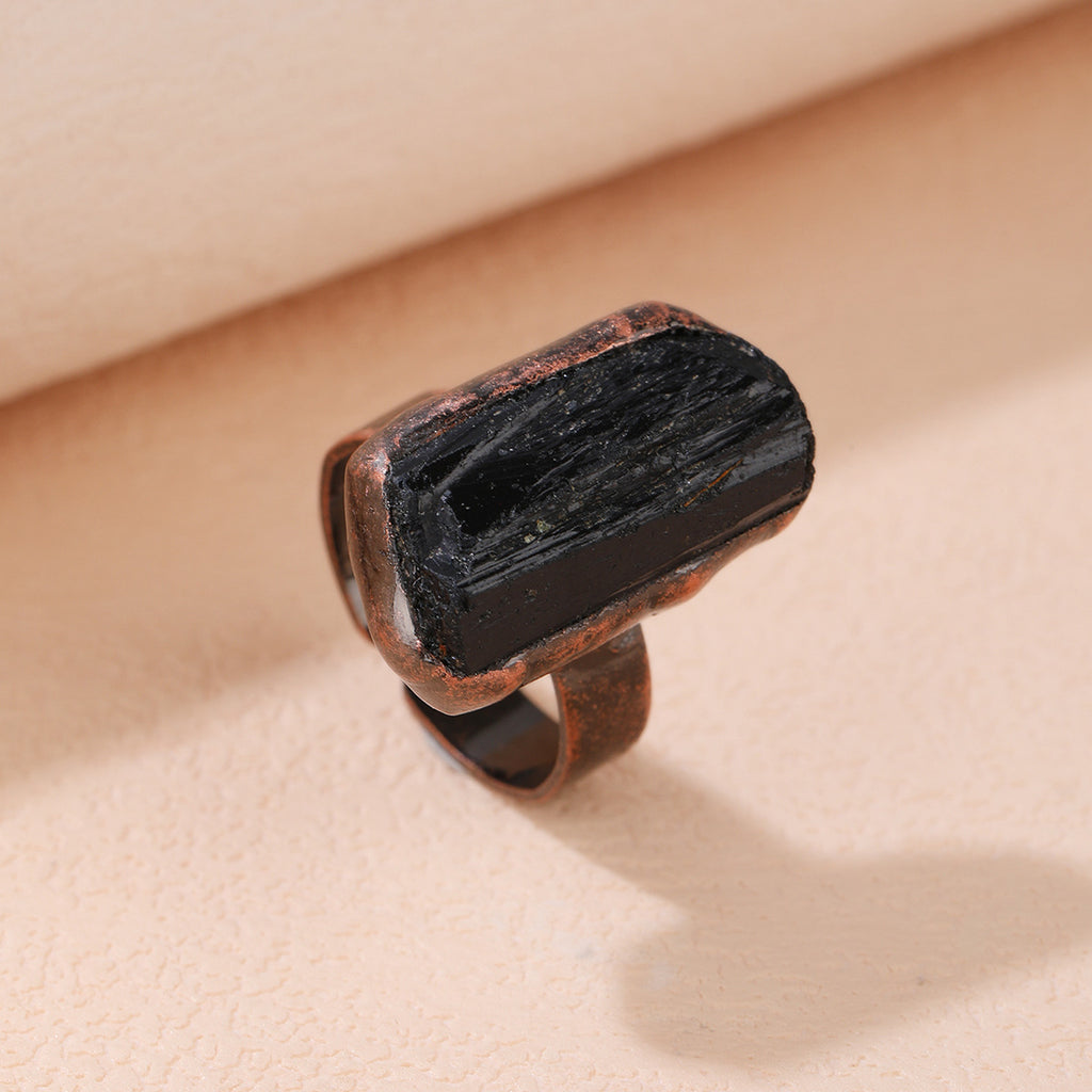 Rétro-style Tourmaline noir naturel Free-size Open Ring