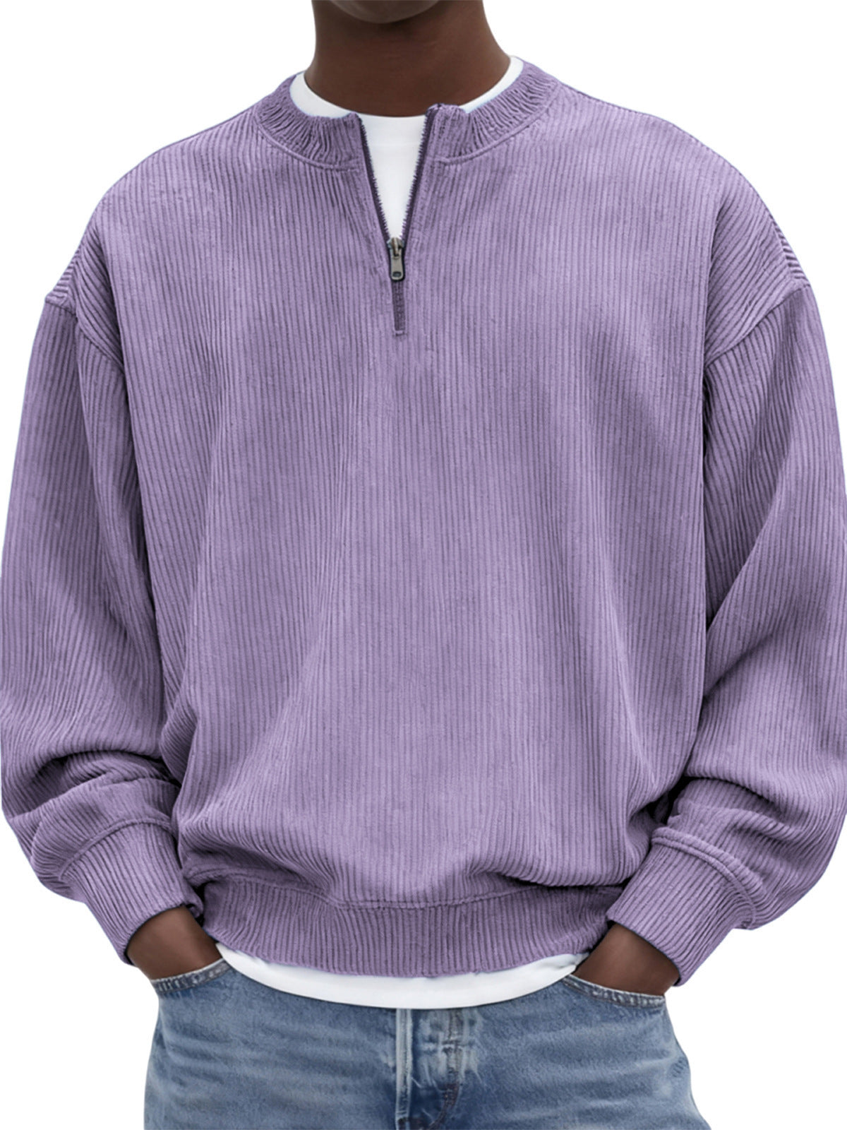 Casual hommes manches longues Corduroy Top avec un collier debout et une demi-zip