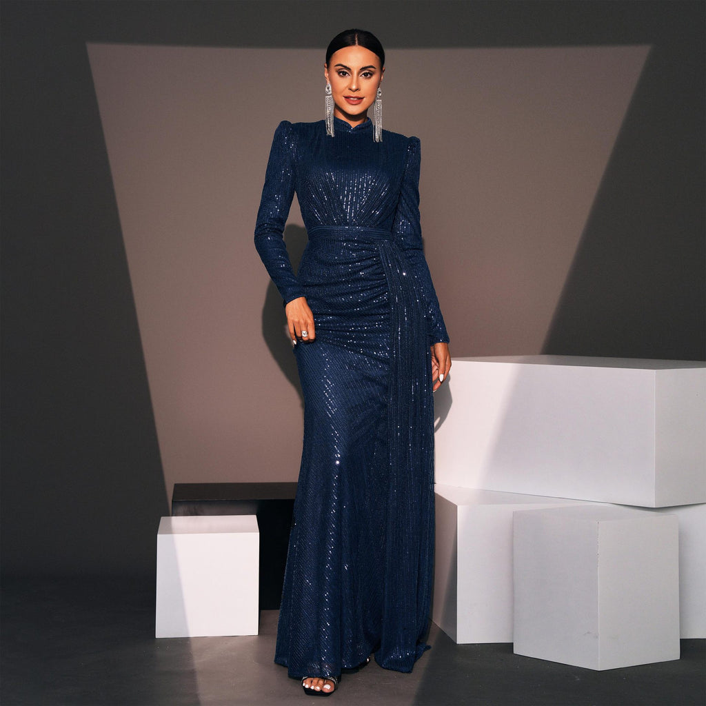 Manches longues Col rond Sexy Slim Robe de banquet longue pailletée