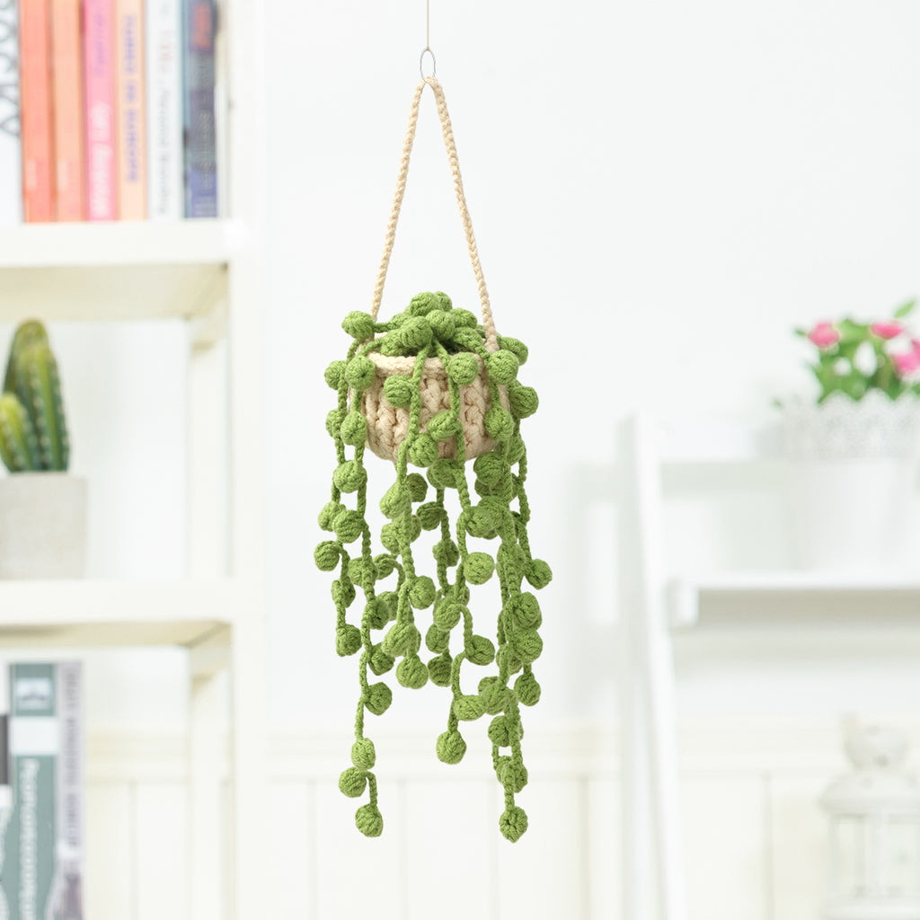 Crochet fait main Suspension Ornement Pot avec Trailing Round Perles Vertes Comme Vines Everlas