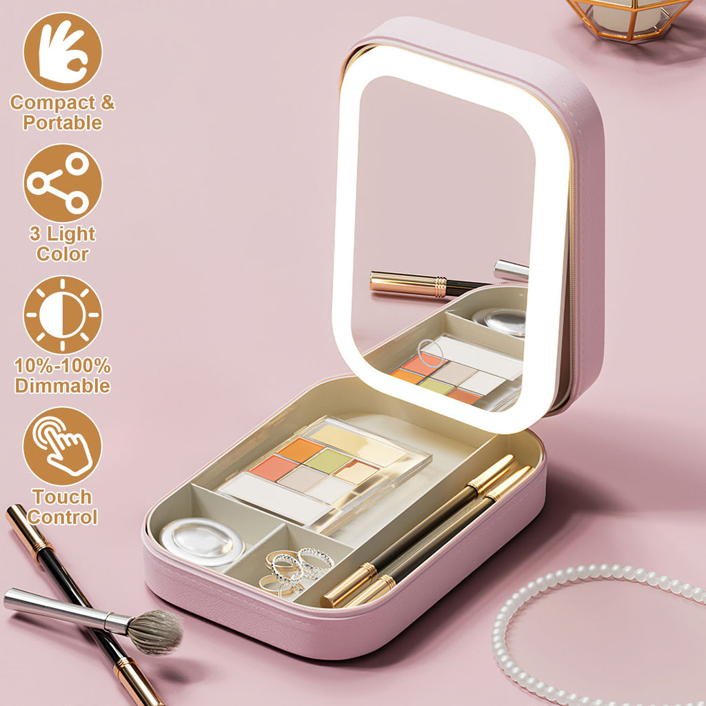 1Pc Portable Sac de maquillage de voyage avec miroir LED Rechargeable miroir de beauté avec 3 couleurs