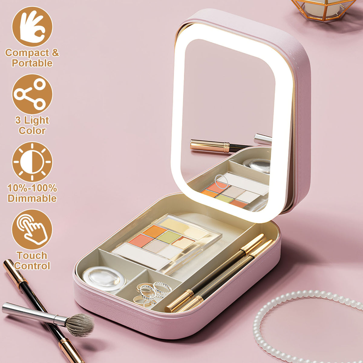 1Pc Portable Sac de maquillage de voyage avec miroir LED Rechargeable miroir de beauté avec 3 couleurs