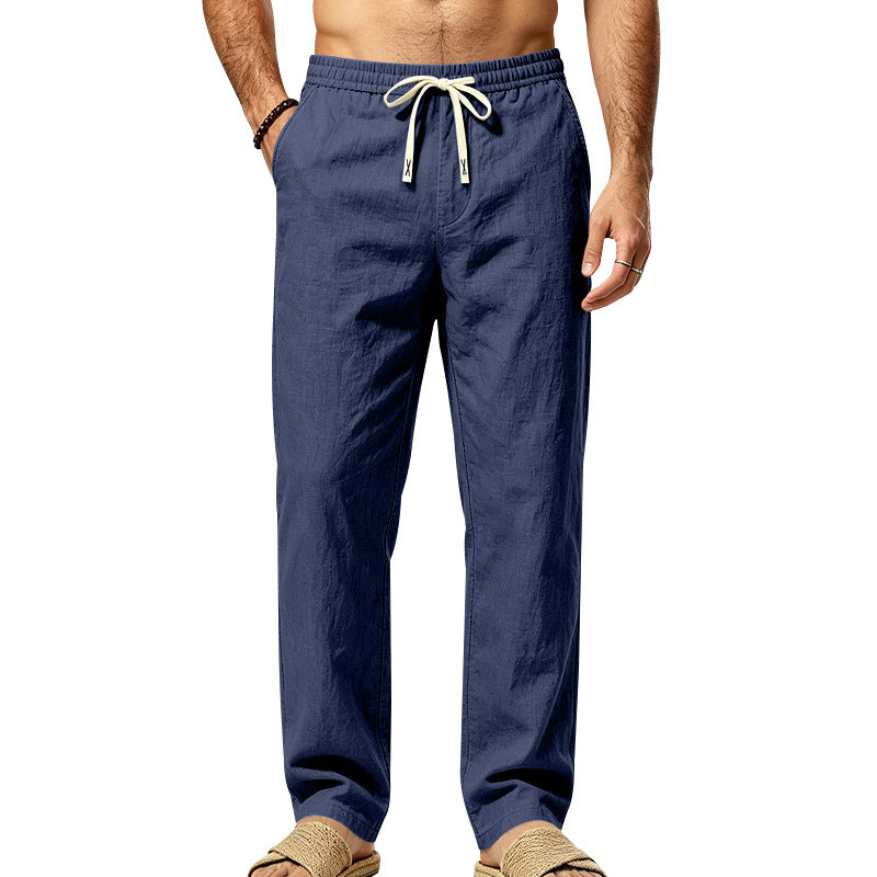 Mens Jambe droite Couleur solide Pantalon en lin casual avec cordon drawstring et élastique