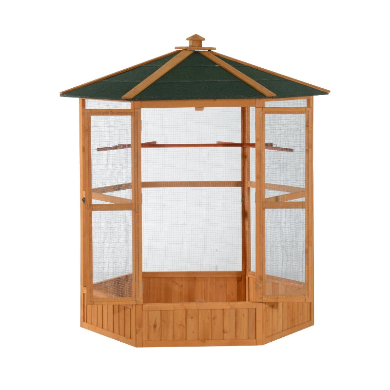 PawHut 69 En bois Hexagonal En plein air Aviaire Cage d'oiseau avec toit couvert