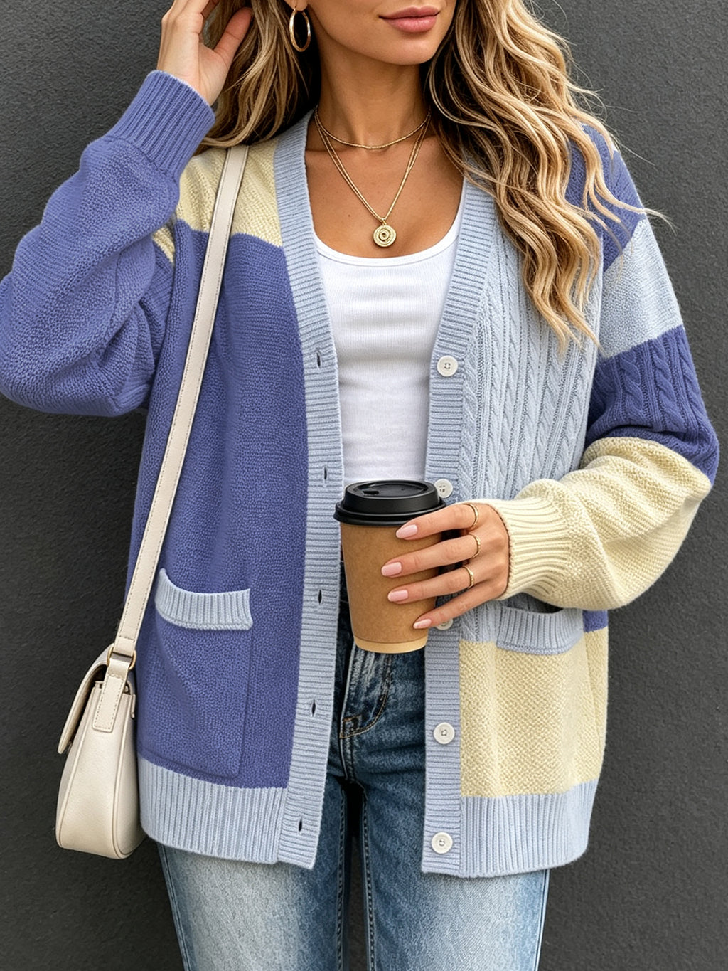 Preppy Style Couleur bloc tricot Cardigan