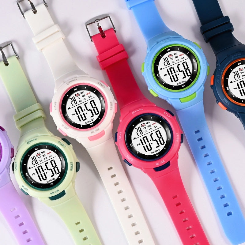 Fashion épingle boucle lumineuse imperméable PU strap Student Montre électronique