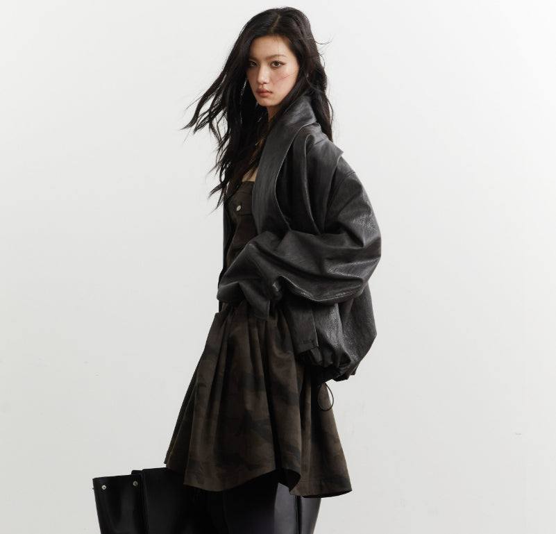 Genre neutre Silhouette plissée Ebony-brun Faux cuir PU Veste