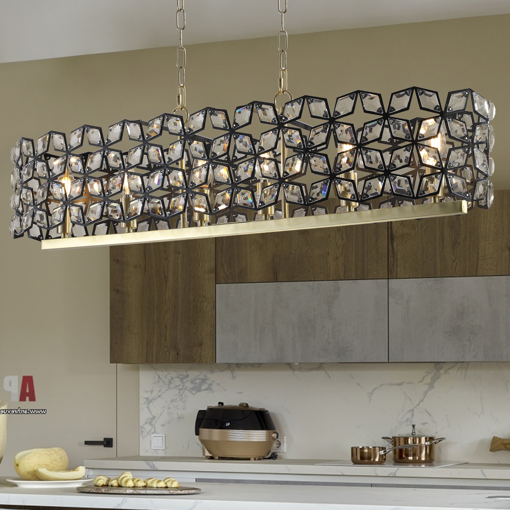 Lustre de 39" en cristal contemporain et pendentif en or noir – Fixation de lumière moderne géométrique