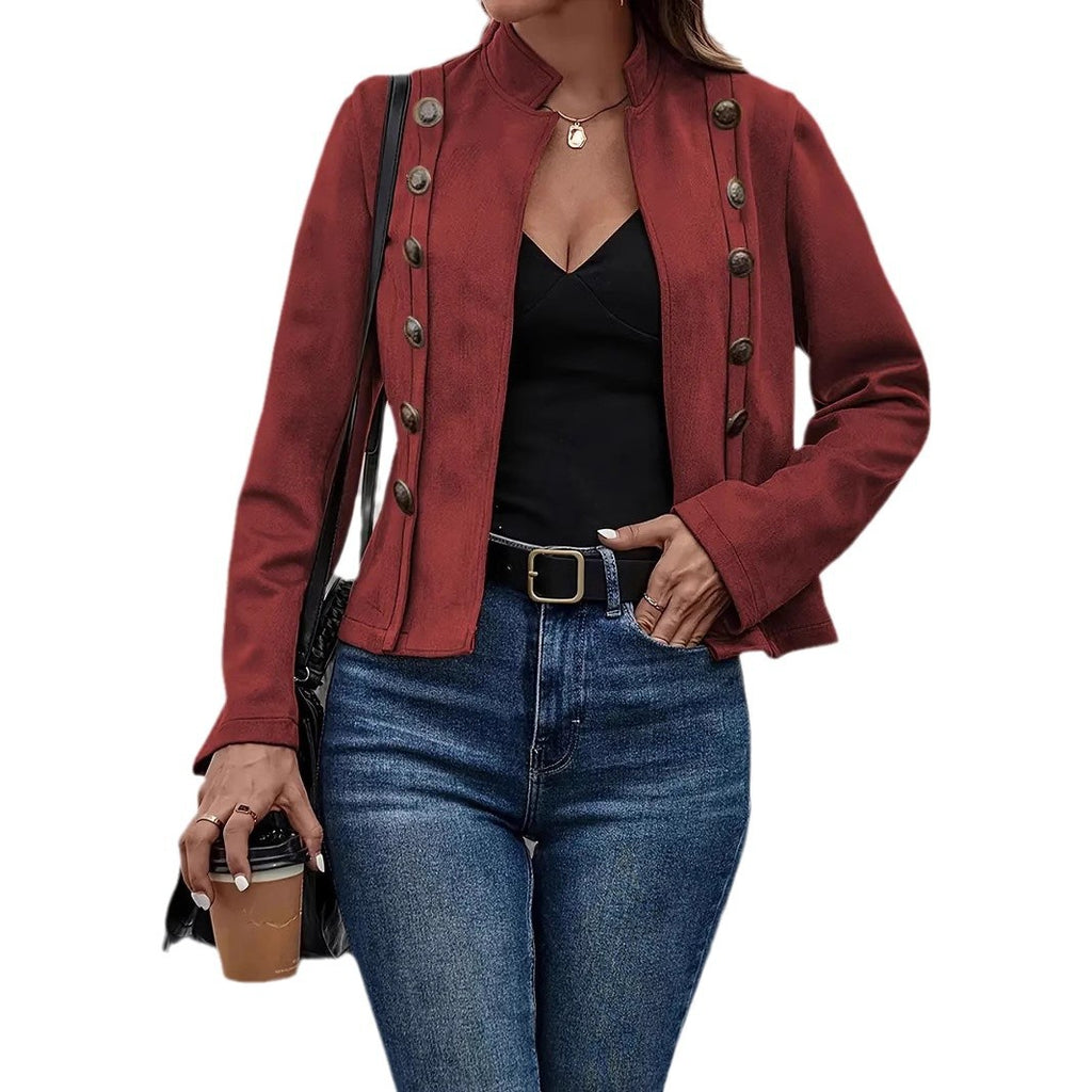 Manteau à manches longues retro Velvet à boucle métallique à double rangée