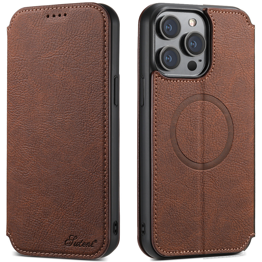 Boîtier de téléphone de protection sans fil de chargeur magnétique en cuir