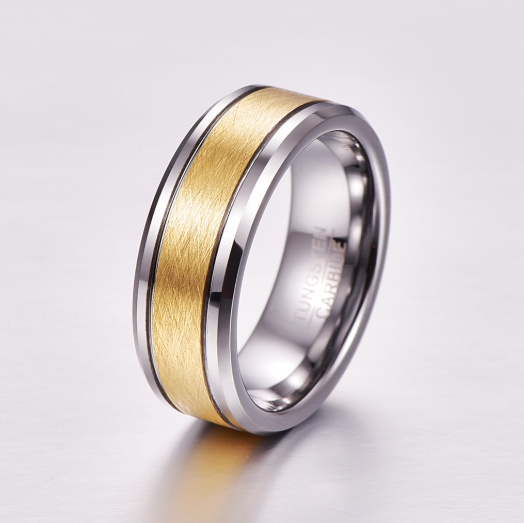 Hommes 8mm Or Couleur Brossé Centre Deux Grooves Tungsten carbure de mariage bagues de bande de mariage Bevele