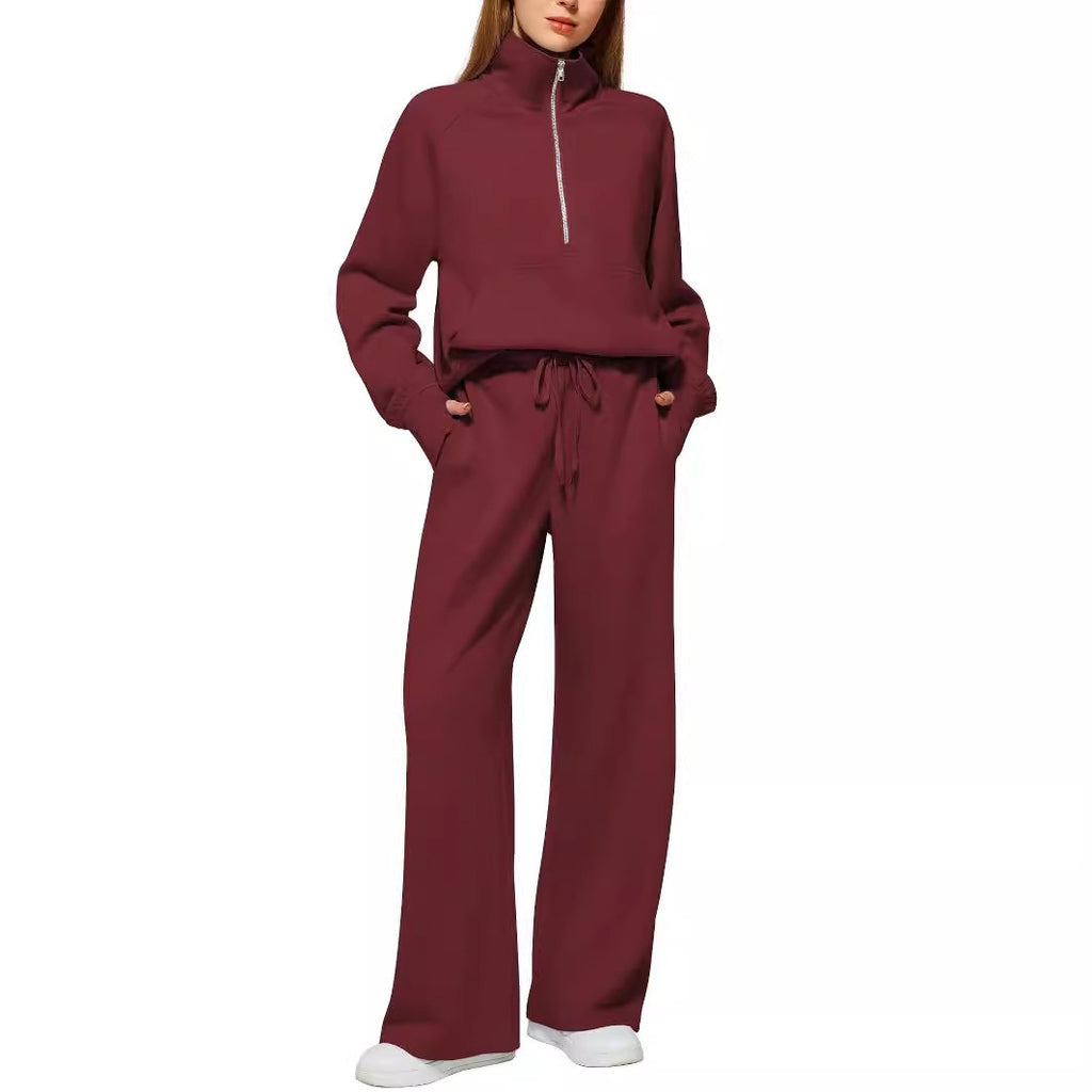 European and American Amazon Women's Two Piece Set Sweatshirt surdimensionné demi-zip Wide-Leg