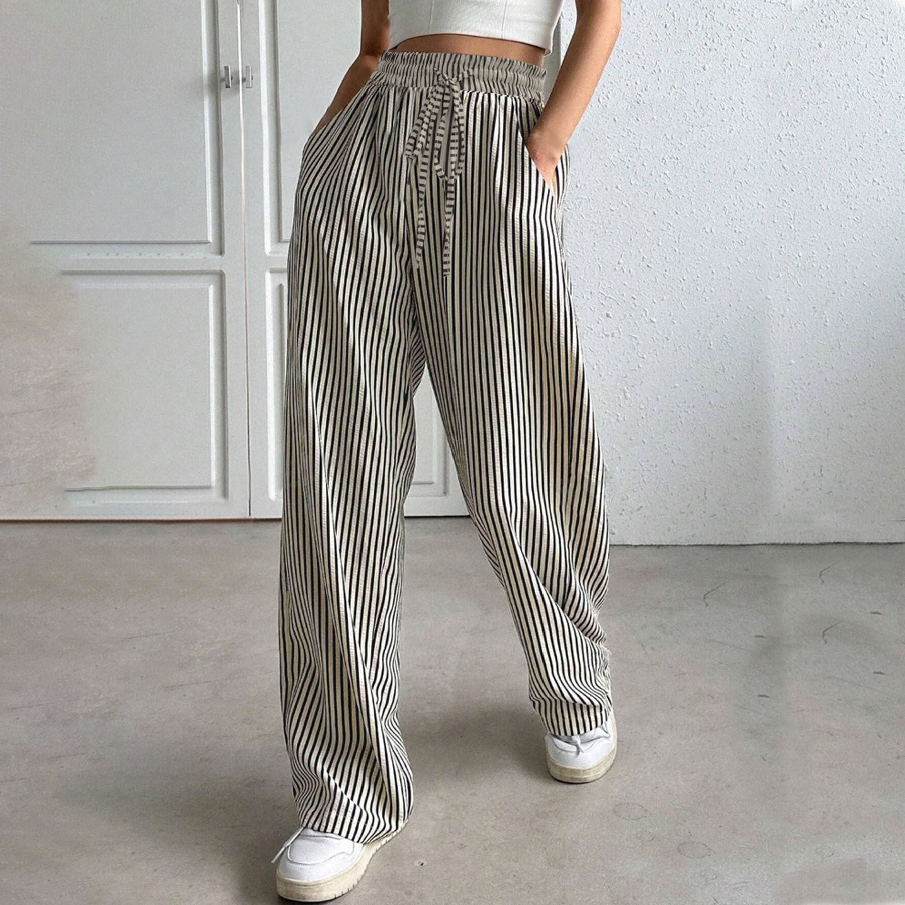 Femmes Haute taille rayée large pantalons de jambe élastique cordon de serrage libre ajustement Casual droit long