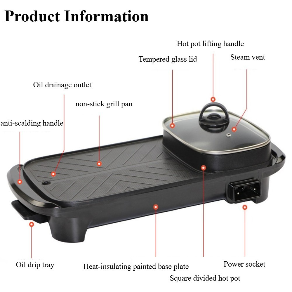 2en1 Pot électrique Barbecue Grill Non-Stick Teppanyaki Pan Cuisinière rectangulaire