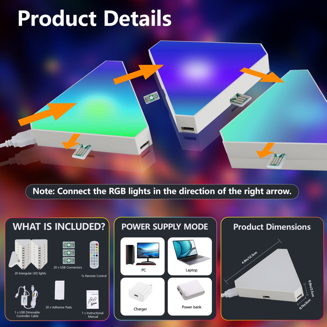 Panneaux lumineux triangulaires de 20 paquets - Smart RGB LED Lights with App & Remote - Music Sync