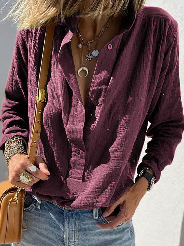 European and American Spring Women's Casual Loose Fashion Long Sleeve Cotton Chanvre Solid Co