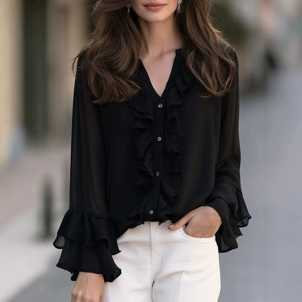 Collier retro-style d'arrivée étouffé et blouse d'ourlet flottante pour femmes