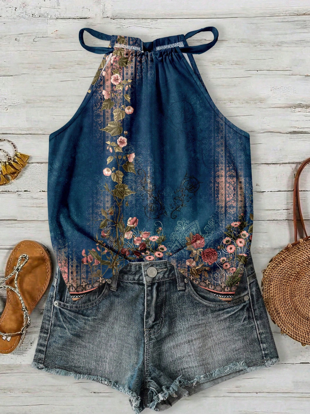 Femmes Casual Resort style Halter-neck Sleeveless Tank Top