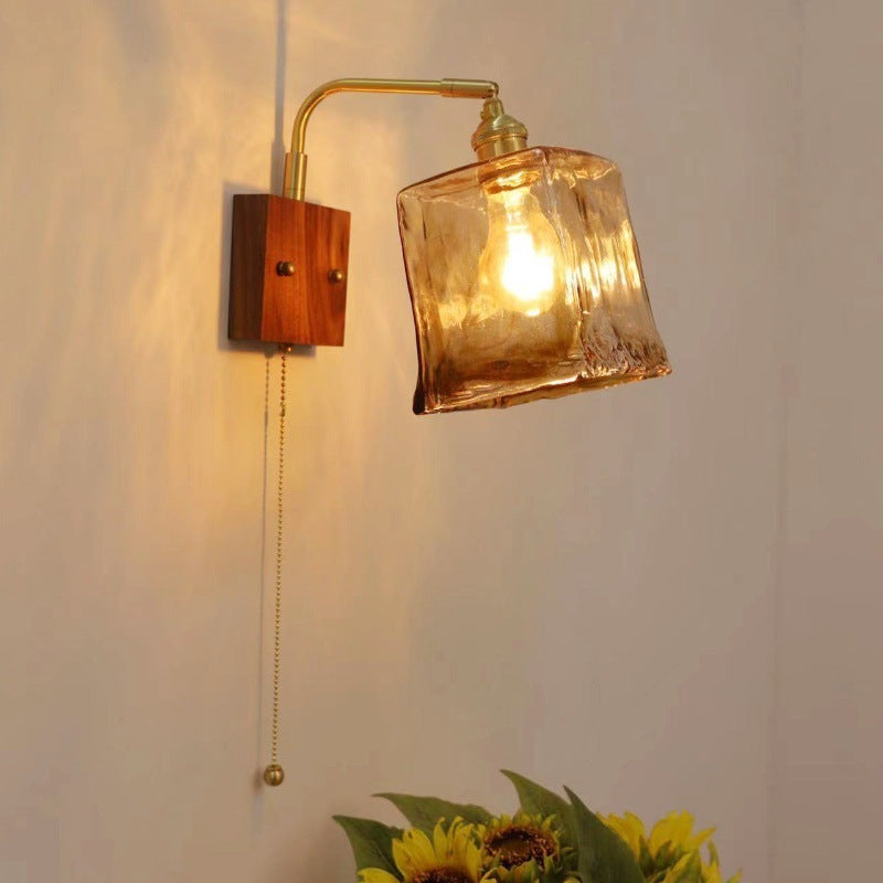 Lampe de lit en noyer mural à chaîne de perles rétro