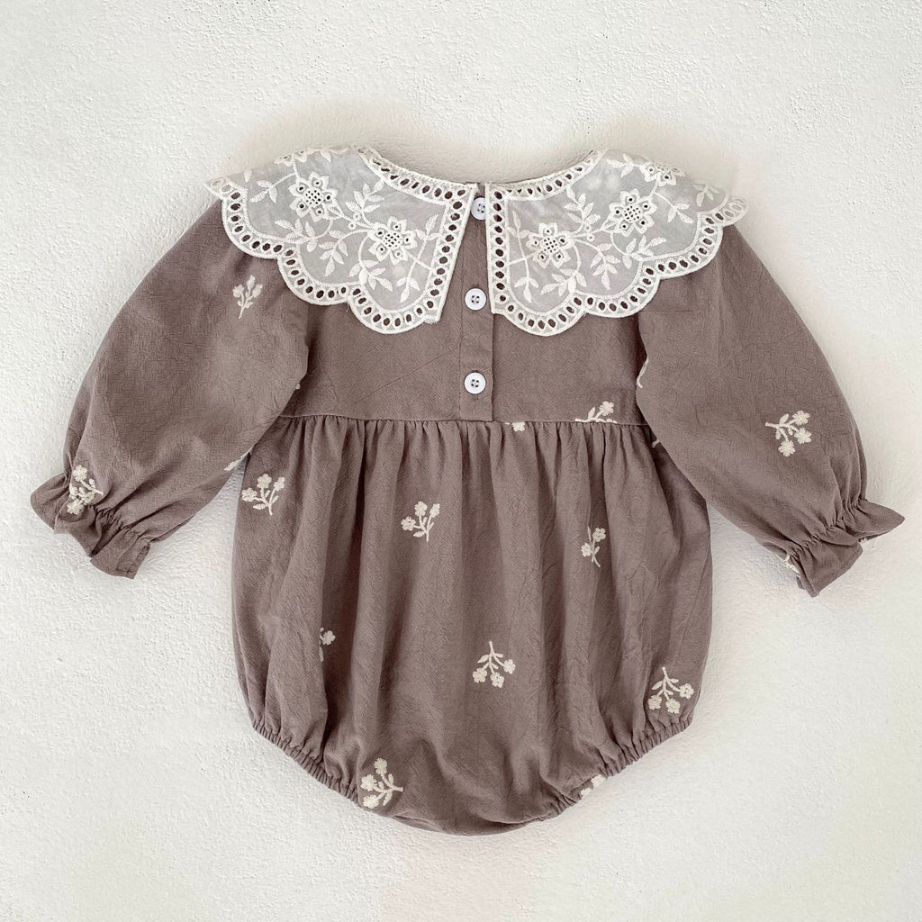 Girls' Lace Romper with Long Sleeves and Embroidery
