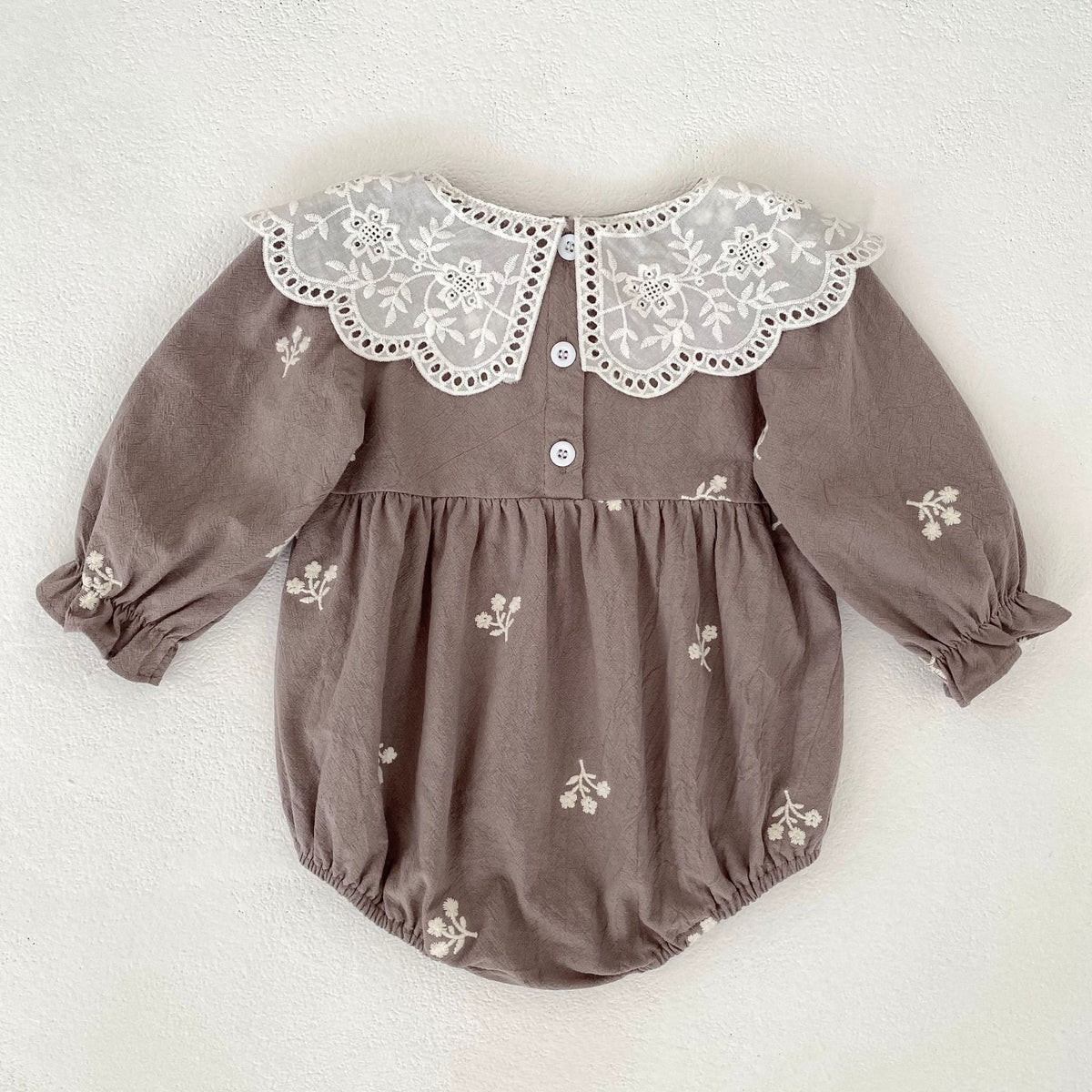 Girls' Lace Romper with Long Sleeves and Embroidery