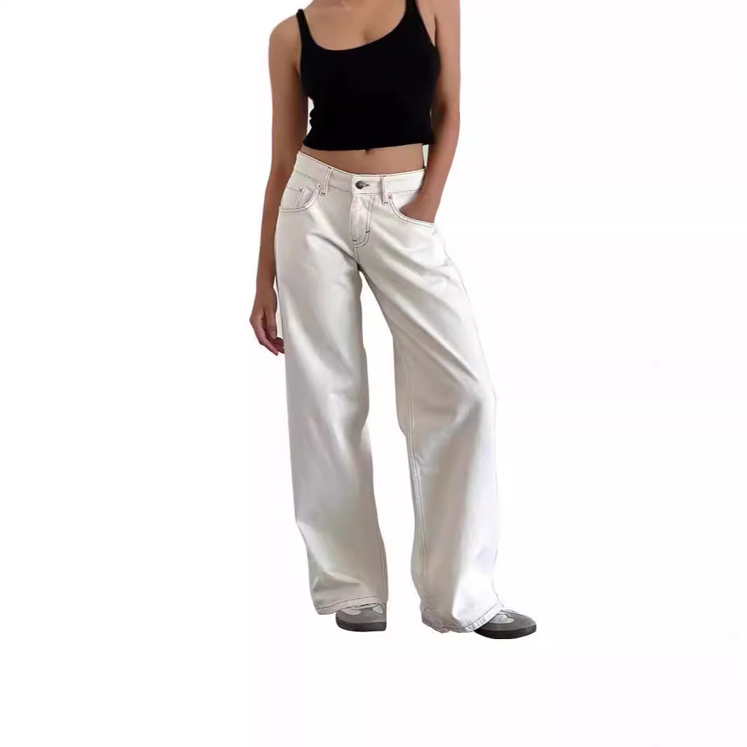 American Style Retro Low Waist Non élastique Lavé droit Jeans Femme Autumn Street Wid