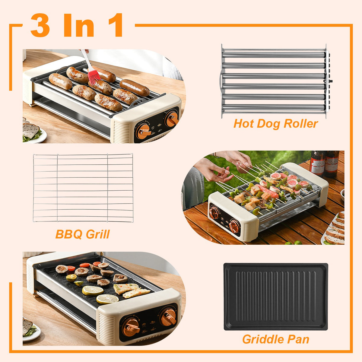 3 En 1 Électrique Rouleau de chien Machine avec Grill & Gridle 6-Roller Chef de chien sans fumée Non-