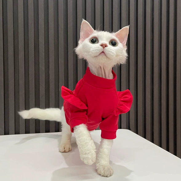 T-shirt rouge avec volants sans cheveux vêtements de chat Sphynx Et Devon Rex Apparel