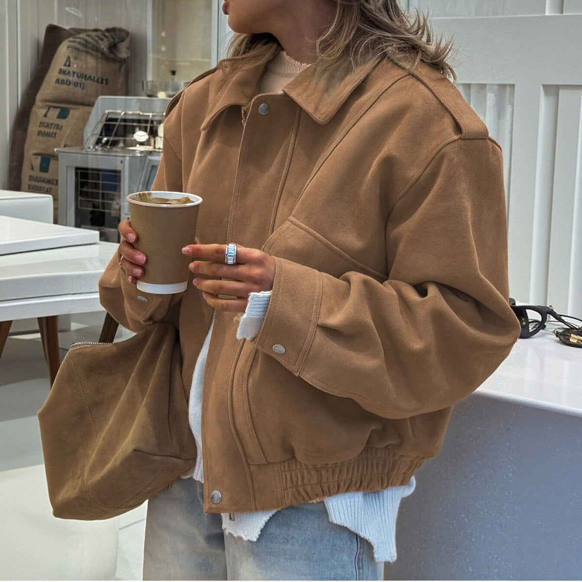 Automne Hiver Femmes Mode Loose-fitting Suede-velvet Coat Top