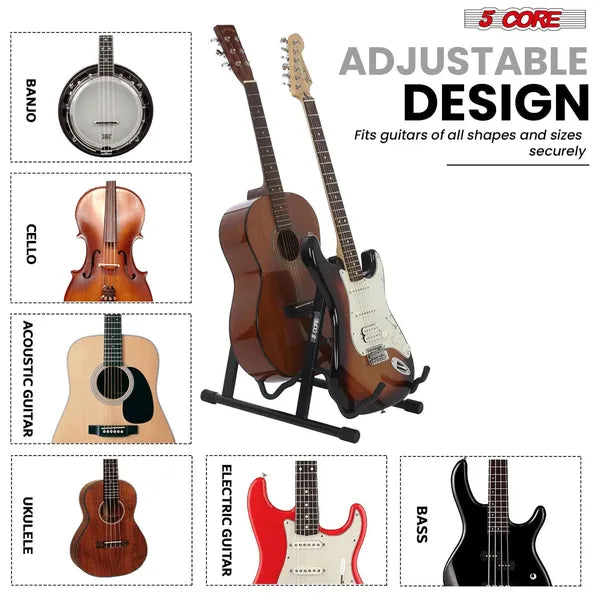 5 CORE Double Guitar Stand Sol réglable Heavy Duty A Frame Universal Folding Acoustic