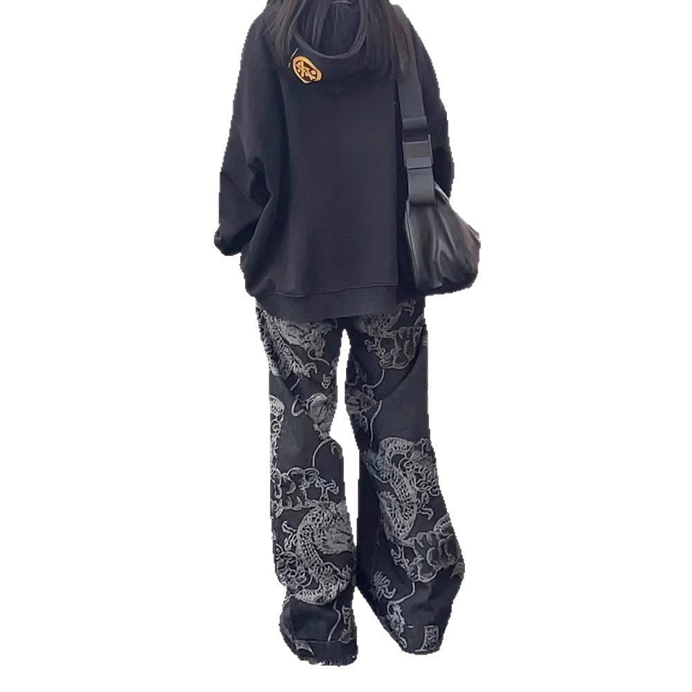Style américain Vintage Edgy Dragon-print Slimming Large-leg Denim Pantalons